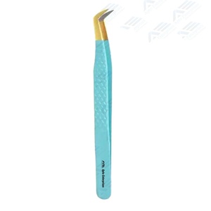Pinzas de extensión de pestañas de acero inoxidable al por mayor, pinzas de pestañas injertadas doradas con punta de fibra de acabado turquesa, volumen y clásicas - Product Image 1