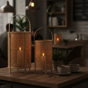 Lanterne artisanale en rotin et jute avec tube en verre |   Éclairage de luxe écologique et coupe-vent pour la décoration de la maison et des hôtels - Product Image 3