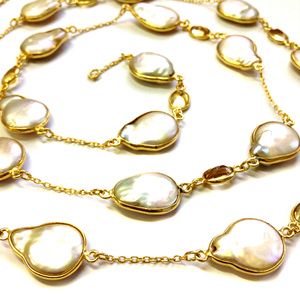 Collar de perlas barrocas y citrino hecho a mano, Gema de citrino, Plata de Ley 925 chapada en oro, cadena larga a la moda para fiesta - Product Image 4