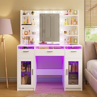 Coiffeuse OEM avec miroir et multiprise, 10 lumières, 2 tiroirs, armoire de rangement, miroir de coiffeuse avec 3 couleurs d'éclairage réglables
