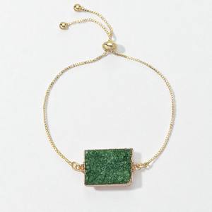 Green Druzy Rectangle <b>Gemstone</b> <b>Bracelet</b> - 10x14 MM Stone Adjustable Chain <b>Bracelet</b> - Gold Electroplated <b>Bracelet</b> Jewelry - Product Image 1