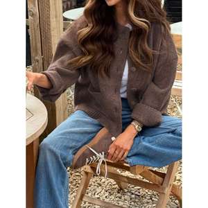 Cárdigan Casual de Invierno para Mujer, Color Marrón, con Apliques, Cuello con Lazo, Bordado y Encaje, Talla Grande, Transpirable, 100% Acrílico, Anti-Pilling - Product Image 5