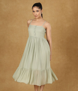 Robe de soirée Maxi moderne pour femmes vert clair rayonne crêpe tissu bouton détaillant niveau fluide conception bretelles gaine Style Slip - Product Image 1