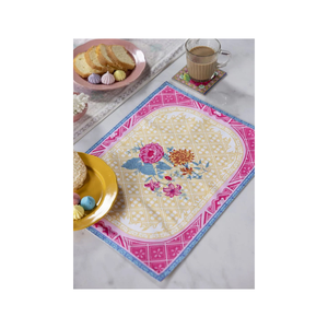 Tapis de table en coton flammé imprimé rose et bleu 13x19 pouces certifié GOTS brodé léger 160 GSM OEM disponible Panipat - Product Image 3