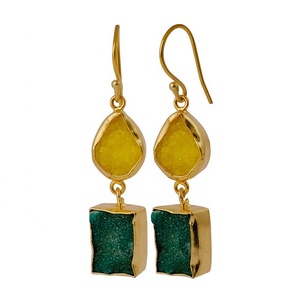 Pendientes colgantes finos chapados en oro hechos a mano, piedra preciosa de ágata Druzy verde y amarilla natural con gancho de gota, pendientes hechos a mano - Product Image 3