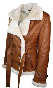 Veste en cuir de mouton véritable pour femme, double boutonnage, style aviateur, avec doublure chaude en fourrure Sherpa - Product Image 4