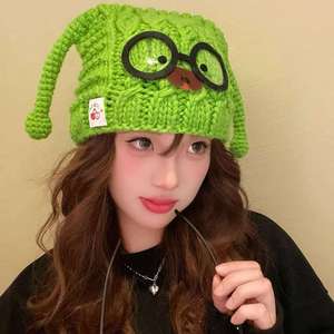 Gorro de punto jacquard de algodón hecho a mano con diseño de cachorro y gafas, cálido, con protección para las orejas, para mujer, otoño-invierno, hilo común - Product Image 6