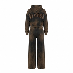 Custom Women Acid Wash Dark Brown Cropped Hoodie <b>Wide</b> <b>Leg</b> <b>Jogger</b> Set Cotton Fleece Streetwear Tracksuit OEM Wholesale - Product Image 4