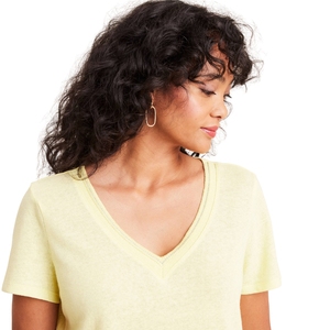 Camiseta de Mujer con Cuello en V, Color Amarillo Claro, Estampada, Resistente, Manga Corta, Algodón, Suministro al por Mayor, Uso Diario, Fácil Cuidado - Product Image 5