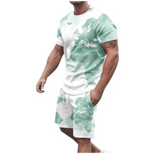 Personnalisé été couleur unie hommes chemise revers short à manches courtes sport décontracté été hommes deux pièces ensemble - Product Image 2