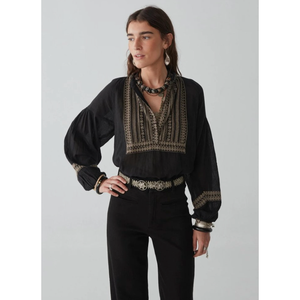 Blusa Tina - Blusa de Lujo Vintage con Bordado Floral en Chifón/Seda Tejida, Talla XL, Holgada, con Solapa Bordada en Color Carbón, para Otoño y Primavera - Product Image 2