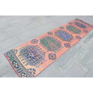 Turkish Vintage <b>Runner</b> Rug 2.7x10.4 ft, <b>Red</b> Blue Bordered Wool Rug - Product Image 3