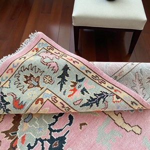 Modern Handwoven Turkish <b>Wool</b> Oushak Rug Soft Pink & Green/<b>Yellow</b> Tones Multiple Sizes (9x12 10x14) Bedroom/Living Room - Product Image 3