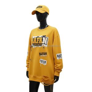 Sweat-shirt oversize pour femme en coton molletonné GSM, toucher doux, ourlet déchiré jaune, logo personnalisé, impression sérigraphique, sweat-shirts respirants pour femme - Product Image 4