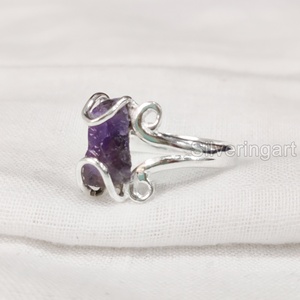Bague pour femme en argent sterling 925 avec pierre brute naturelle Améthyste, pierre de naissance de février, style hippie, fil de fer, pour Noël - Product Image 3