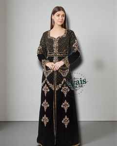 Caftan marocain à manches longues AWAIS HOUSE, hijab en velours riche en polyester, perlé à la main, grande taille, léger, longueur au sol, col haut - Product Image 4