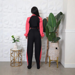 Ensemble de vêtements de sport pour femmes à motif uni, coupe régulière, décontracté, respirant, veste courte à genoux, pantalon large à taille haute - Product Image 3