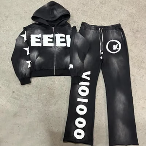Wholesale Custom Print Vintage Sweatsuit Double Waist Hoodie Stacked Flare Sweatpants <b>Set</b> Baggy Oversized Men Tracksuit - Product Image 1
