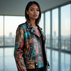 Chaquetas de motorista ajustadas por sublimación completa de cuero genuino OEM para mujer | Chaqueta de cuero de oveja con estampado de diseño personalizado para mujer - Product Image 4