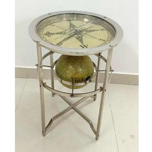 Metal Compass Accent Table with Clock And Globe and Clear Glass Top 42X42X60 cm Side Table For Home