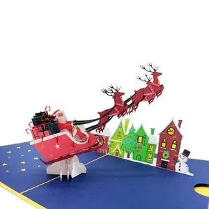 Santa Claus 3D Pop Up Greeting Card Wholesale Gift Card Kirigami Handmade Paper Laser Cut Noel Greeting Card
