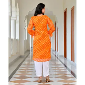 Conjunto de Kurta Leheriya Naranja para Mujer con Material Kota Doriya, Elegante Ropa Tradicional India - Product Image 4