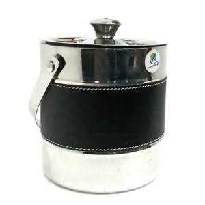 Seau à glace de forme ronde plaqué or de haute qualité en métal de la meilleure qualité baignoires à boissons refroidisseur de bière avec approvisionnement recouvert de cuir - Product Image 2