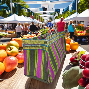 Handloom Woven Recycled Plastic Striped Design Reusable <b>Nylon</b> Market <b>Bag</b> Fashionable Indian Style <b>Zipper</b> Closure Metal Handle - Product Image 1