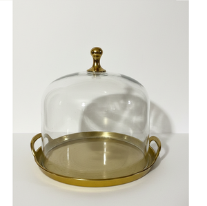 Support à gâteau moderne en verre et aluminium doré avec couvercle, vaisselle de qualité supérieure pour hôtels et traiteurs, centre de table, serveur de desserts, taille personnalisée - Product Image 1