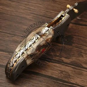 Cuchillo plegable de bolsillo artesanal de acero damasco con refuerzo de acero damasco y mango de cuerno de carnero para coleccionar y regalar al aire libre - Product Image 3