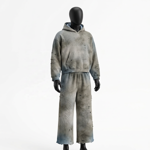 Survêtement personnalisé pour homme, style streetwear, coupe oversize, délavé à l'acide, effet usé, 100% coton épais, effet soleil éclairé - Product Image 1