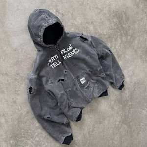 Sudadera con capucha extragrande de algodón 100% para hombre, estilo urbano, rasgada, desgastada, con estampado de pedrería, de invierno, OEM - Product Image 4