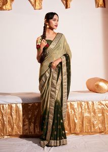 Colección de Saris de Seda Georgette de Dos Tonos con Trabajo de Tejido para Mujeres Indias y Pakistaníes - Product Image 6