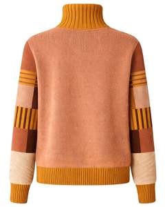 Pull en tricot patchwork à col roulé pour femme, personnalisé, de qualité supérieure, doux, chaud, pull d'hiver décontracté, haut tendance, couleur marron moutarde - Product Image 2