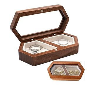 Caja de anillo reciclable de papel Compromiso personalizado Madera Pintura roja Cajas de anillo de campeón de joyería de madera para envolver regalos con logotipo - Product Image 4