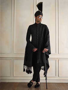 Sherwani DE BODA paquistaní autobordado negro clásico - Product Image 2