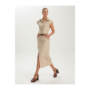 Jupe midi décontractée pour femme en mélange de coton à taille haute avec détail ceinture en cuir, respirante et écologique - Product Image 2