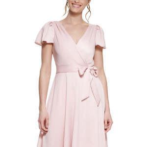 Abito da ballo DKNY da donna in crepe rosa con schiena in raso, maniche a volant, confortevole, linea ad A, disponibile dalla XS alla 10, lungo fino al pavimento - Product Image 2