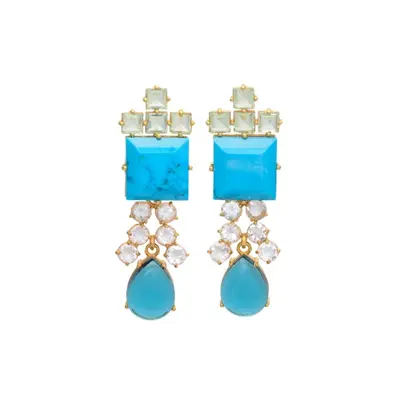 Exclusive Blue Hydro+Tq +Green Amethyst & Crystal Jewelry Gold Plated 925 Sterling Silver Rectangle Shape Gemstone Earrings