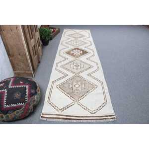 พรมขนาด 3.1x11.8 ฟุต, พรมวินเทจตุรกี, พรมขนสัตว์สีขาวน้ำตาลลายนามธรรม - Product Image 1