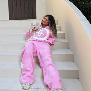 Ensemble sweat-shirt et pantalon de survêtement vintage personnalisé pour l'hiver, coupe courte, fermeture éclair, lourd, avec broderie de patchs usés, délavé à l'acide - Product Image 1