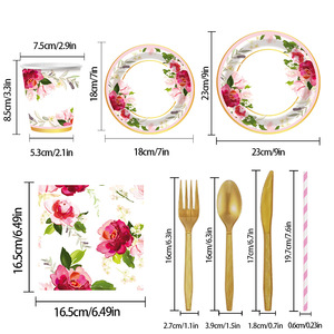 Ensemble de vaisselle jetable pour mariage, bannière en papier fleuri, nappe, assiettes, gobelets, couverts de style jardin pour réception - Product Image 2