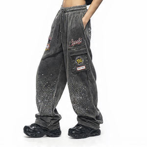 Pantalons de survêtement baggy pour hommes, style streetwear, jambe droite, vintage, délavé au soleil, avec strass, en molleton, pantalons de jogging tendance - Product Image 6
