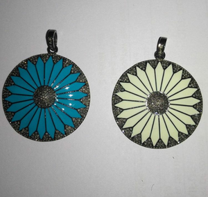 Fleur Émail Argent Sterling 925 Pave Diamant Vintage Noir Plaqué Rhodium Pendentif 40x40MM - Product Image 3