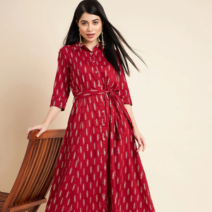 Conjunto a Precio de Mayoreo para Mujer, Kurta Anarkali de Algodón con Bordado en Color y Cuello en V, Dupatta, Perfecto para Ocasiones de Verano - Product Image 1