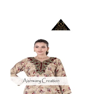 AISHWARY CREATION Modest Women's Cotton Long Sleeve Dress Embroidery Printed Design Breathable Soft Fabric <b>Plus</b> <b>Size</b> Middle - Product Image 1