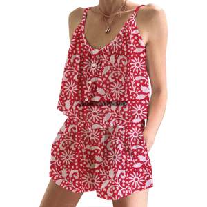 Conjunto de Pijama Corto con Mangas con Volantes Estilo Boho Hippie para Mujer, Algodón Indio, Primavera/Verano, Floral, Ajustado, con Tirantes, Sin Mangas - Product Image 5