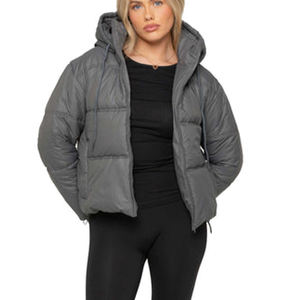 Custom Women Warm <b>Hooded</b> <b>Fur</b> Hat Winter Padding Jacket Puffer Quilted Zip Button Double <b>Coat</b> <b>Ladies</b> Puff Down Jacket Grey Color - Product Image 5