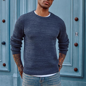 Pull ras du cou pour hommes Pull tricoté à manches longues texturé gaufré Pull côtelé décontracté à manches longues respirant - Product Image 3