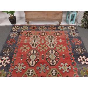 Alfombra Kilim Turca Vintage de 5.7x10.5 pies (175x320 cm), Alfombra de Lana con Diseño de Plantas y Árboles Rojos - Product Image 3